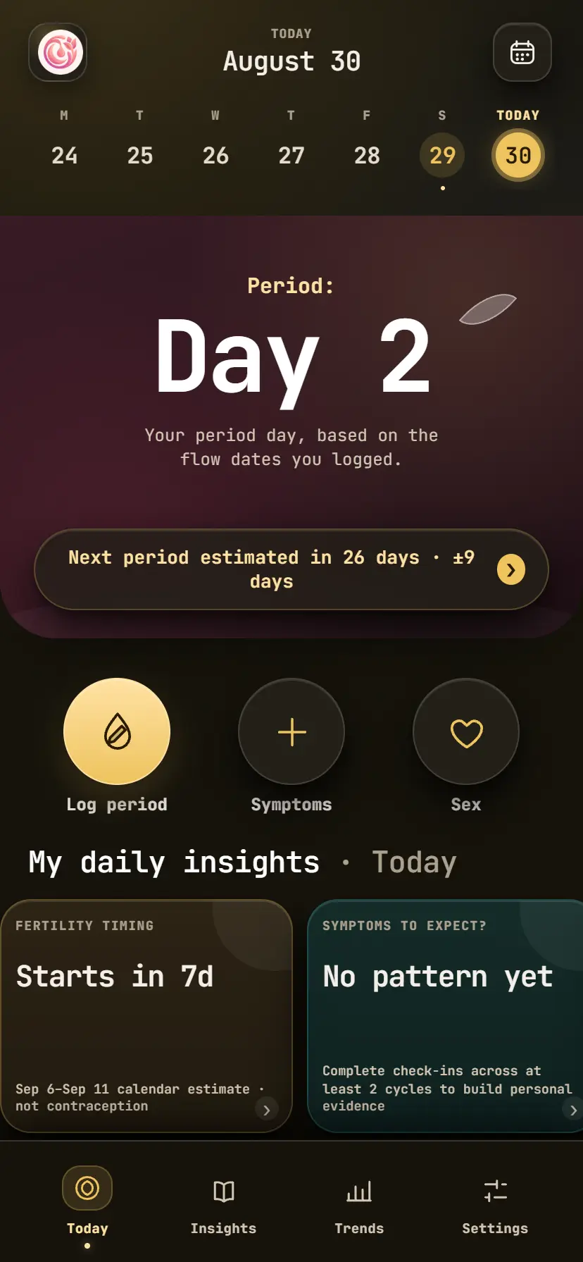 Periodus App - Today Cycle Tracking Screen