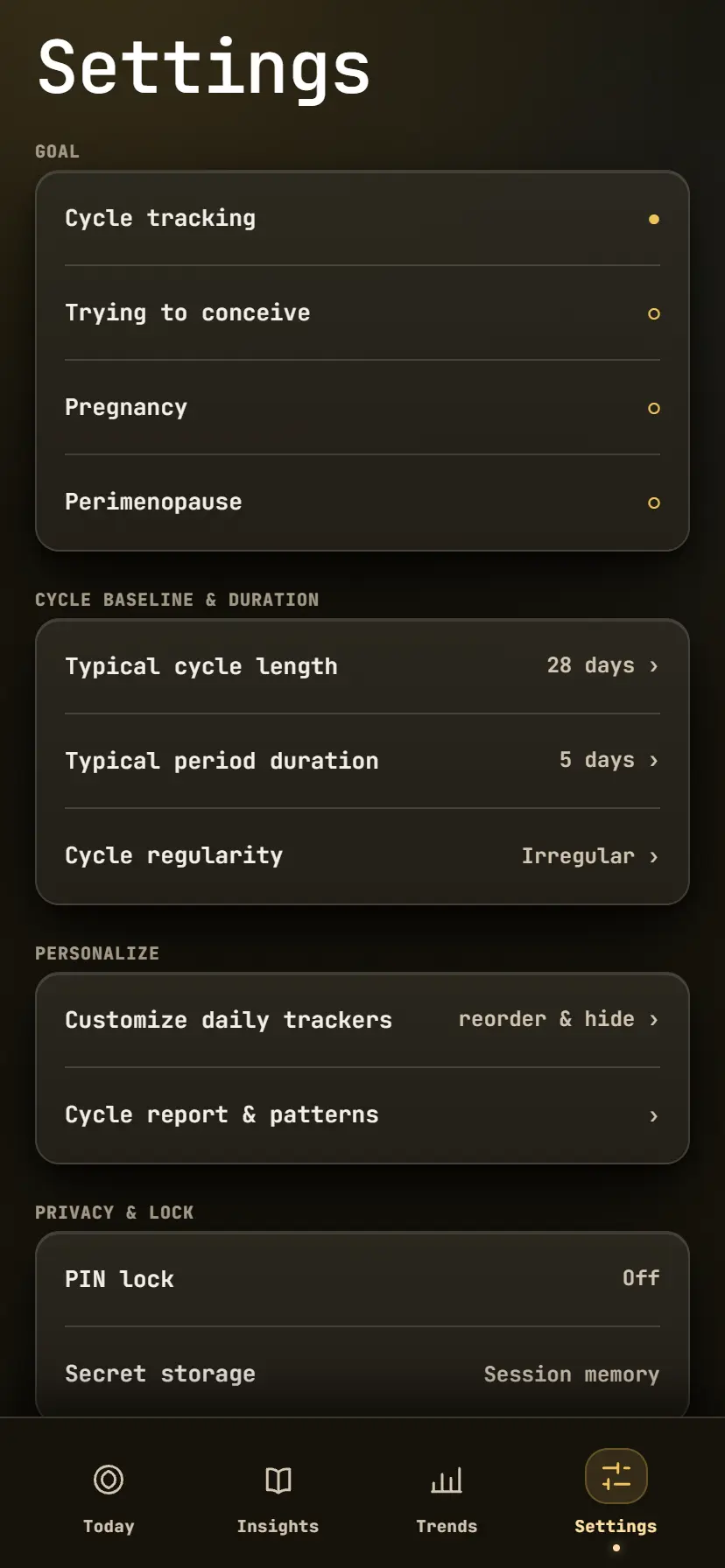 Periodus App - Local Vault Settings & Security