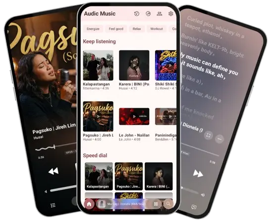 Audic Android Music Player — Interface Showcase with Synced Lyrics and Background Playback